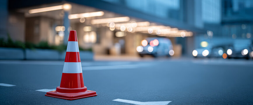 Fototapeta Red and white traffic cone placed on urban street with blurred city lights and vehicles in background during evening