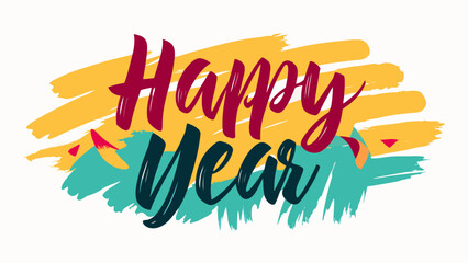 Fototapeta premium Happy new year text with colorful abstract brush strokes and confetti elements for celebration