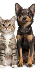 Fototapeta premium A Playful Kitten and a Loyal Dog Sit Together in Friendship Against a Pristine White Backdrop