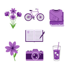 Purple themed collection featuring flowers, bicycle, sweater, book, camera, and beverage