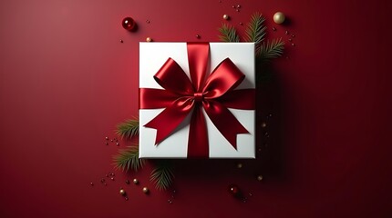 White gift box with thick crimson satin bow on deep matte burgundy backdrop — gold beads and pine needles, cinematic premium Christmas packaging