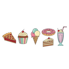 Colorful cartoon dessert collection featuring pie cupcake ice cream donut and milkshake