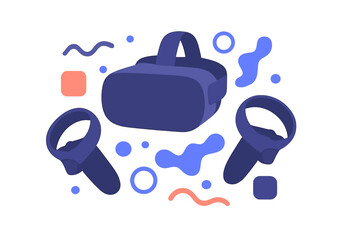 Modern virtual reality headset and controllers surrounded by abstract geometric shapes and fluid elements