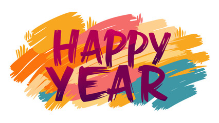 Happy new year text in vibrant brush strokes and bold purple lettering on a white background
