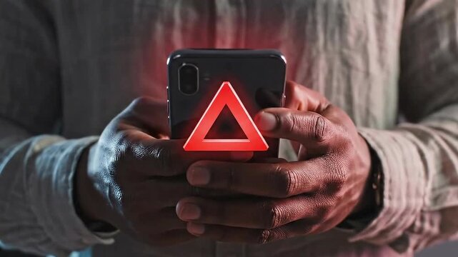 Man Holds Phone Displaying Red Triangle Warning Sign - Emergency Alert.