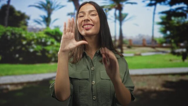 Woman brunette cupping hands to mouth calling out in park with green grass and palm trees, wearing green button shirt and smiling; joy connection.