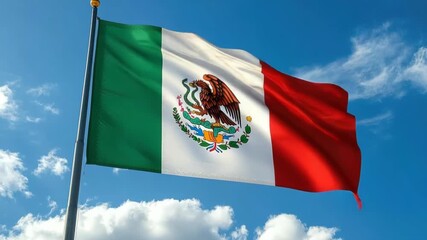 The Mexican flag billows gracefully in the wind under a clear blue sky, marking the observance of Constitution Day in Mexico, symbolizing national pride and unity. Copy space