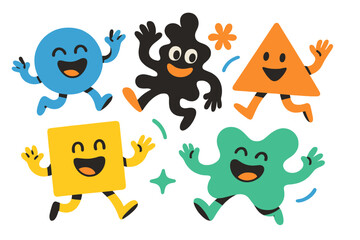 Playful set of five abstract geometric characters in motion