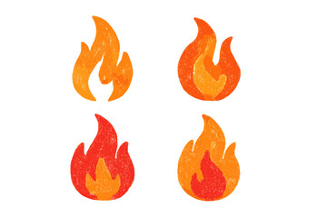 Collection of four stylized fire flame icons featuring a vibrant crayon texture