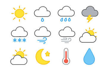 Bright collection of meteorological symbols for sun, clouds, rain, snow, wind, and lightning