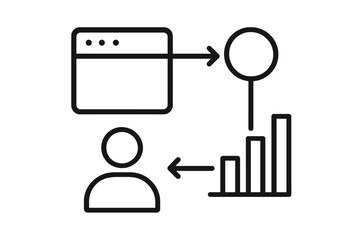 Digital workflow showing information transfer between a web interface, data metrics, and a user