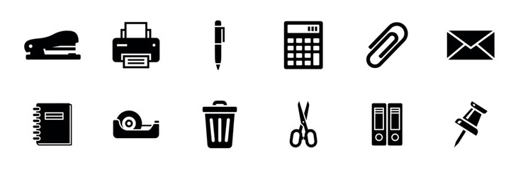 Black office and stationery supply icon set featuring a stapler, printer, calculator, scissors, and pen in a simple minimalist glyph style for business and communication concepts
