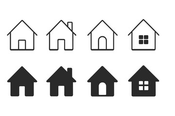 Collection of basic house symbols in outline and solid styles for user interface design