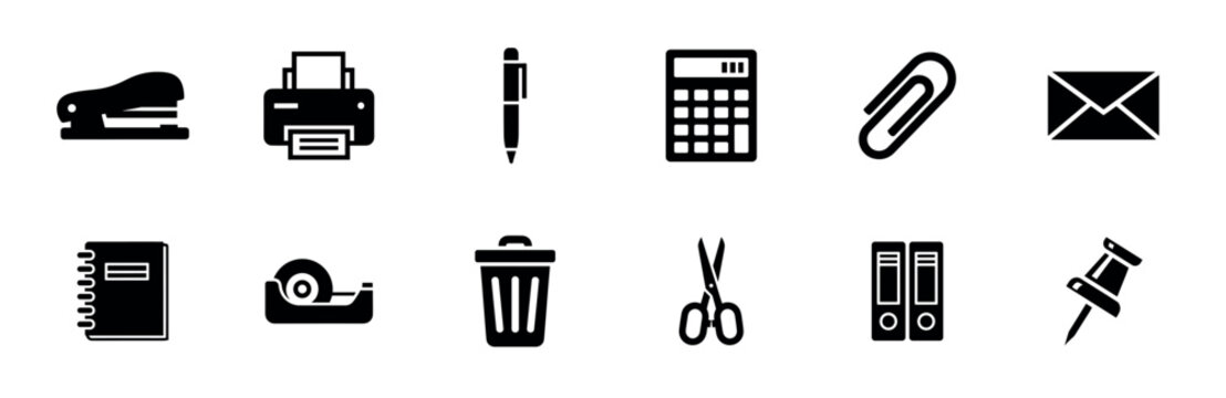 Black office and stationery supply icon set featuring a stapler, printer, calculator, scissors, and pen in a simple minimalist glyph style for business and communication concepts