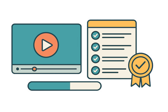 Video tutorial completion checklist with quality assurance badge and progress bar