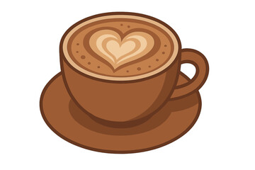 Stylized coffee cup with heart-shaped latte art on a saucer isolated on white
