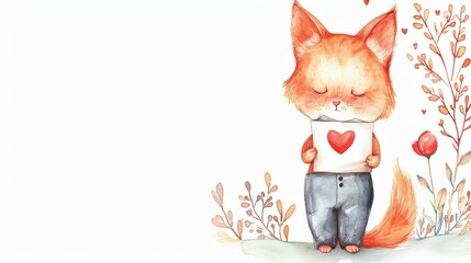 A cute watercolor fox holding a love card with a red heart. Whimsical animal character illustration for Valentine's Day. Banner with copy space for text
