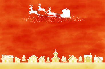 赤い空とサンタのシルエットが描かれたクリスマス背景