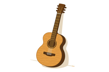 Obraz premium Classic wooden acoustic guitar with six strings leaning against a clean white wall background