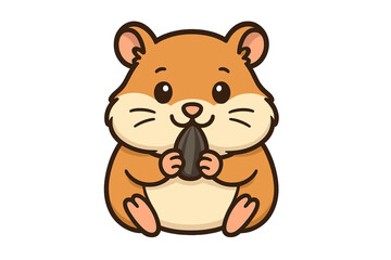 Adorable cartoon hamster character sitting and happily holding a large sunflower seed