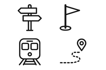 Travel and navigation symbols set with train, directional signpost, route path, and destination flag
