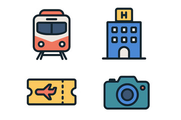 Collection of essential travel and tourism symbols including public transport, lodging, flight, and photography gear