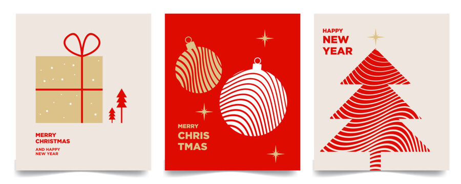 Modern Christmas and New Year vector set featuring minimalist greeting cards with decorative gold gift box, elegant baubles, and abstract red tree design.