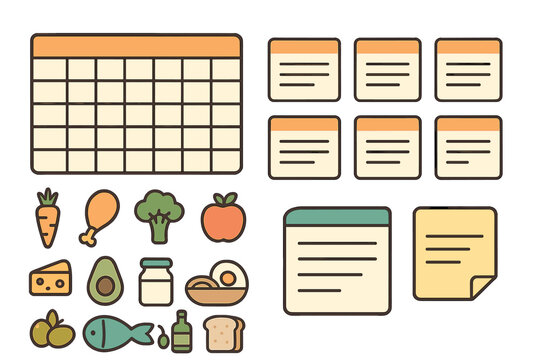Daily meal planner schedule with healthy food icons and nutrition tracking elements