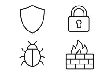 Essential cybersecurity line icons featuring shield, padlock, malware, bug, and firewall symbols