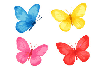 Vibrant flying butterflies in blue, yellow, pink, and red colors isolated on white