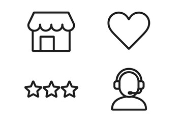 E-commerce and customer experience line icons featuring shop, heart, rating stars, and support agent