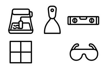 Essential tools featuring painting equipment, protective glasses, and leveling devices