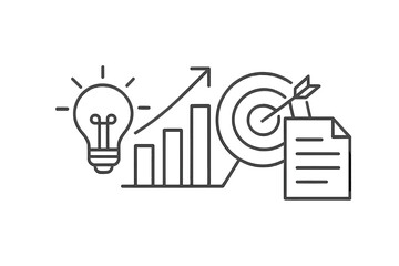 Business strategy concept showing lightbulb idea, bar chart growth, target achievement, and planning document
