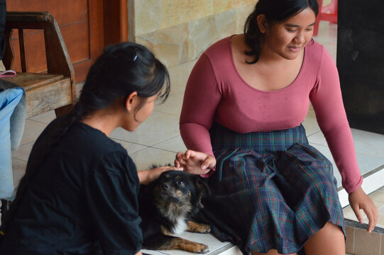 Two casually dressed students sit on the tiled porch floor looking down at a small dog; one extends her hand while the other holds its paw, sharing affectionate interaction.