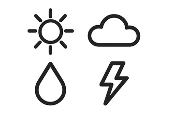 Simple outline weather forecast icons set with sun cloud rain and lightning symbols
