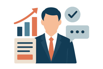 Professional businessman avatar with growth chart, document, and communication icons