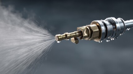 High-pressure water spray nozzle operates in a workshop setting for cleaning tasks