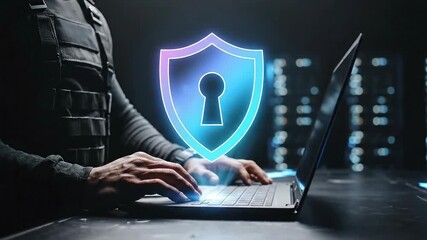 Cybersecurity expert working on laptop with digital shield protection.