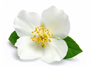 Elegant white flower with yellow center, green leaves