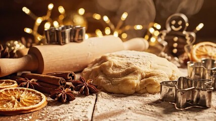 Close-up of Christmas cookie dough with baking ingredients and festive lights. - Powered by Adobe
