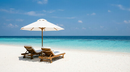White parasol and two sun loungers facing a calm turquoise sea on a bright tropical shoreline ideal for travel and tourism marketing visuals with wide clean copy space for promotional text placement