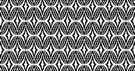 Black and white seamless pattern with layered curved motifs creating a bold decorative geometric texture.
