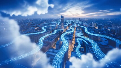 Futuristic smart city aerial view with glowing blue data streams and network connections at night - Powered by Adobe