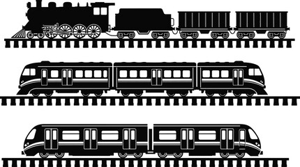 Set of vintage steam train, modern passenger train and urban metro silhouette illustrations on railway tracks, detailed transportation vector collection for design projects