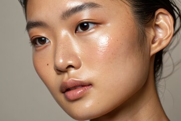 Close-up portrait of a woman with dewy skin and natural makeup.
