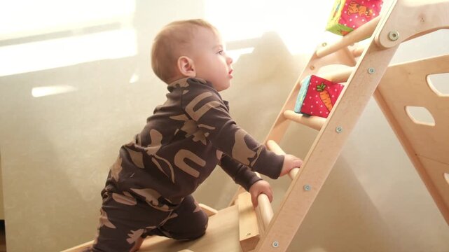 Baby Climbing Wooden Slide Indoors