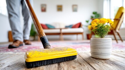 A person sweeping a wooden floor in a cozy living room, showcasing a sunny atmosphere with comfortable furniture and potted flowers for a fresh, inviting space.