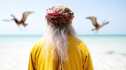 An elderly man with long grey hair stands on a pristine beach, wearing a traditional head wrap, as mystical flying creatures drift gracefully in the clear blue sky above him.