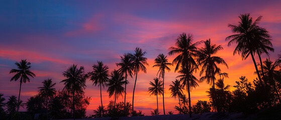 Obraz premium Dramatic sunset over palm trees, vivid colors filling the sky with tropical silhouette