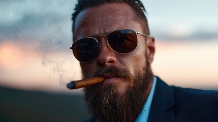 A dapper man with sunglasses and a cigar embodies confidence and sophistication, presenting a modern, bold style against a scenic backdrop, perfect for portraying luxury and attitude.